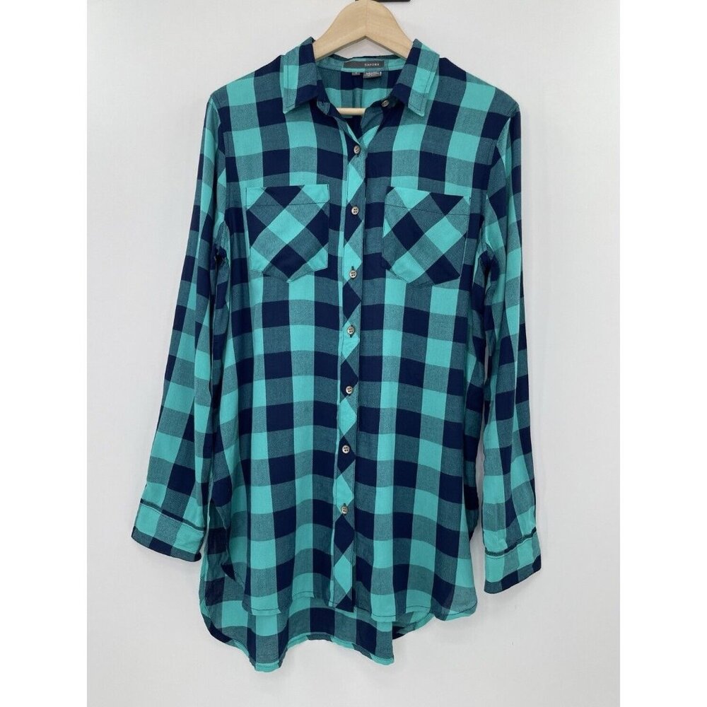 Sandra Ingrish Women’s Check Rayon Collared Button Up Blouse Sz Small Boho